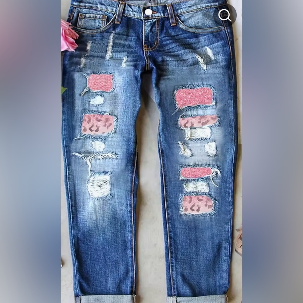Distressed Blue Jeans with Pink Accents